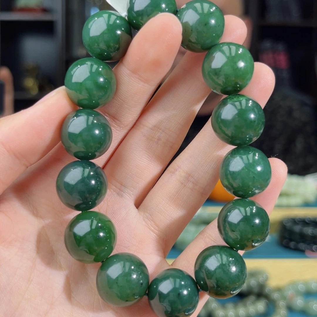 和田玉手链未镶嵌手串纯天然俄罗斯碧玉五号坑菠菜绿16mm