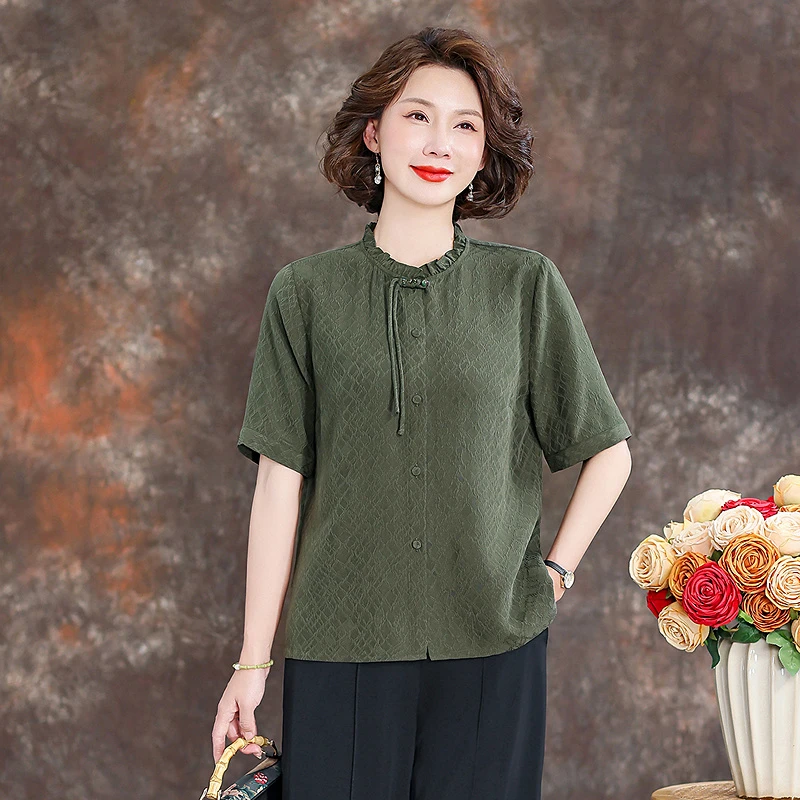 齐黛【竹青】香云纱上衣女2025新款圆领流苏洋气妈妈真丝小衫