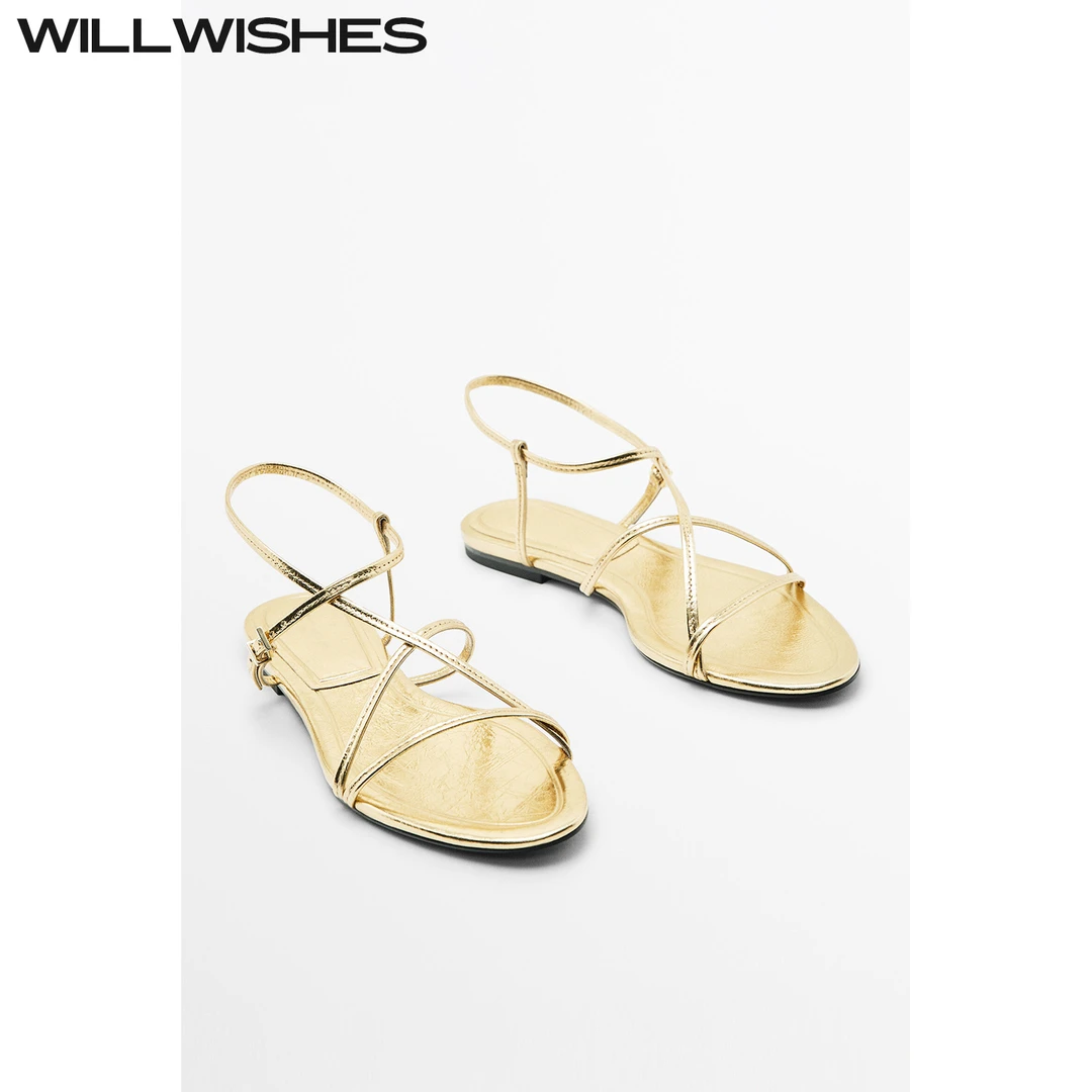 WILLWISHES/王玎设计女鞋夏季时尚一字带平底鞋女仙女风罗马凉鞋
