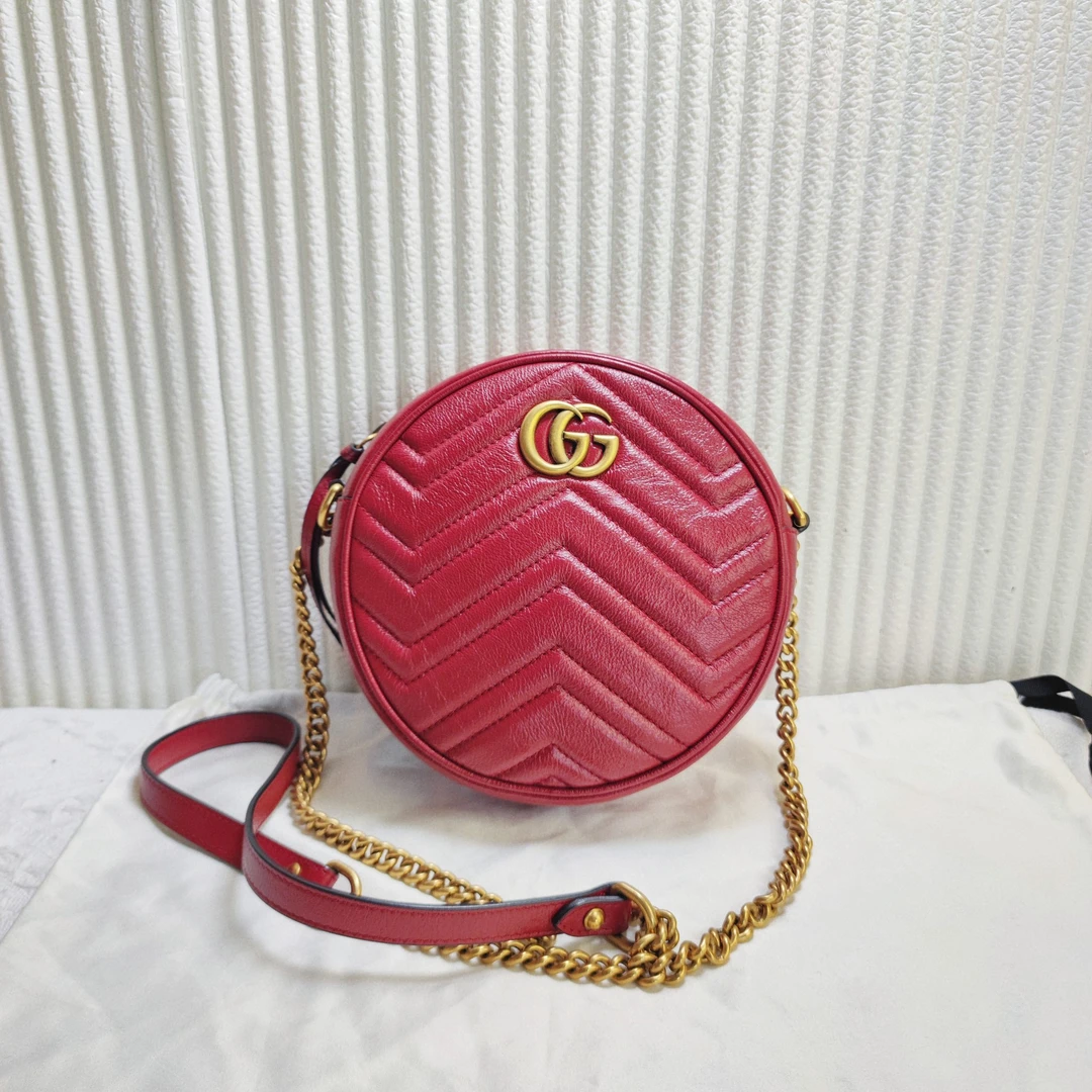 99新 GUCCI/古驰 Gucci红金圆饼单肩包斜挎包女士二手奢侈品包包