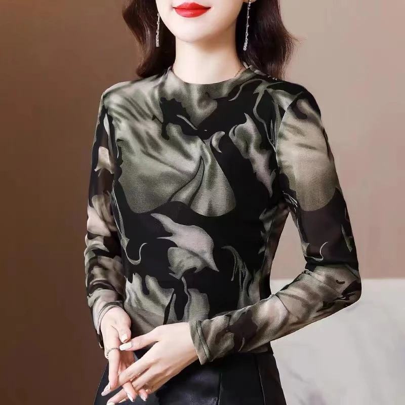 Z1401显瘦长袖洋气时尚百搭打底印花上衣L4