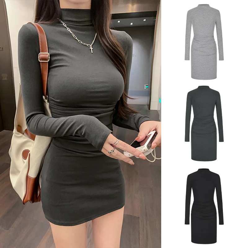 Moses Queen/魔西女王深灰色收腰褶皱连衣裙女修身显瘦打底包臀裙