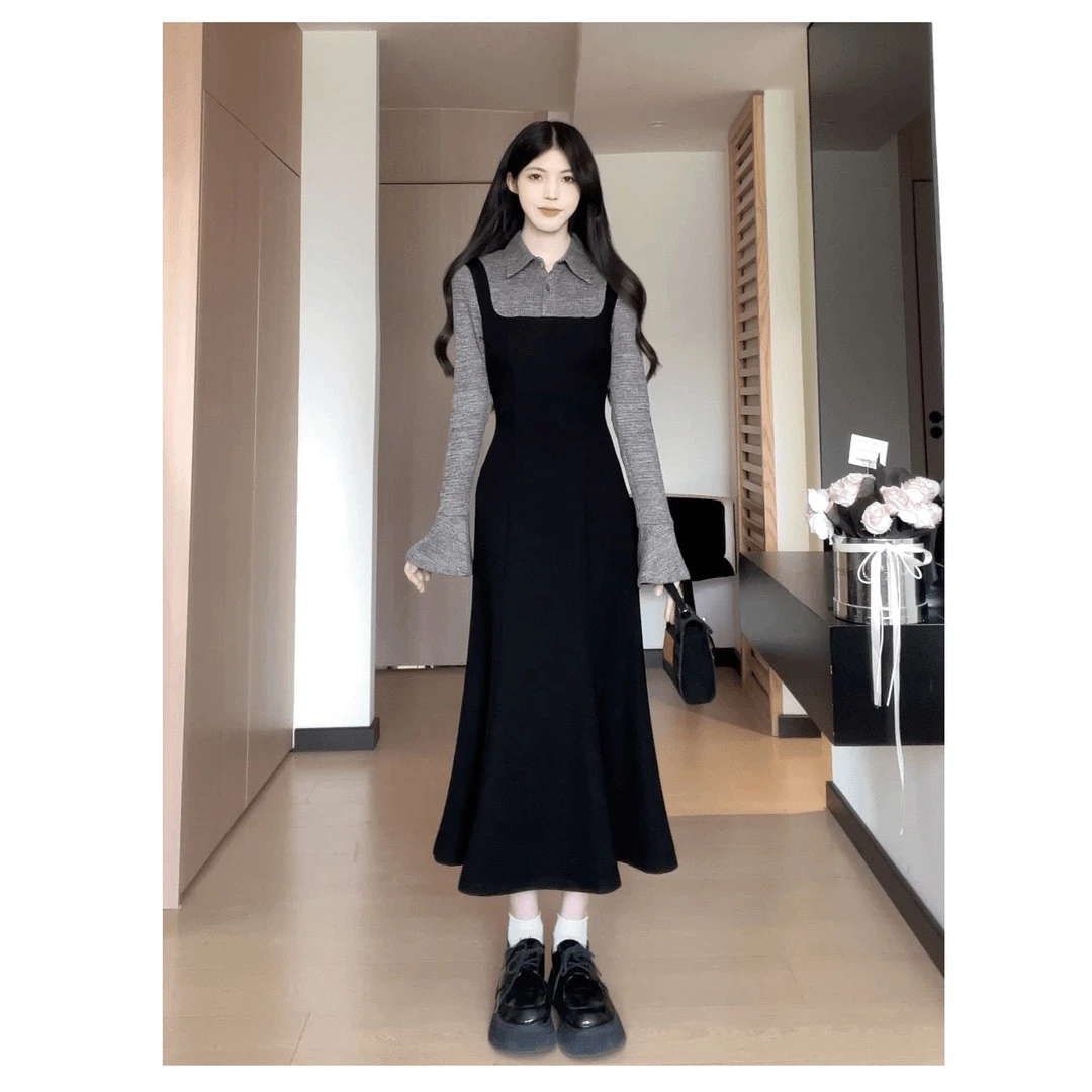 大码胖MM早秋法式赫本风设计感假两件连衣裙时尚气质收腰显瘦长裙