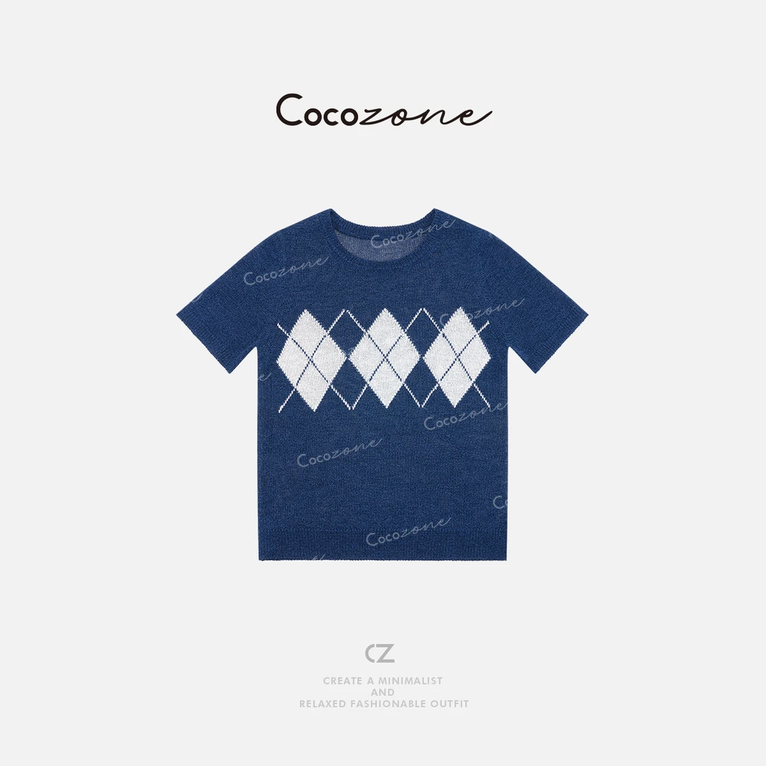 COCO ZONE 刘一一【和纸纱】菱格拼色套头圆领女毛针织衫CD2A0877