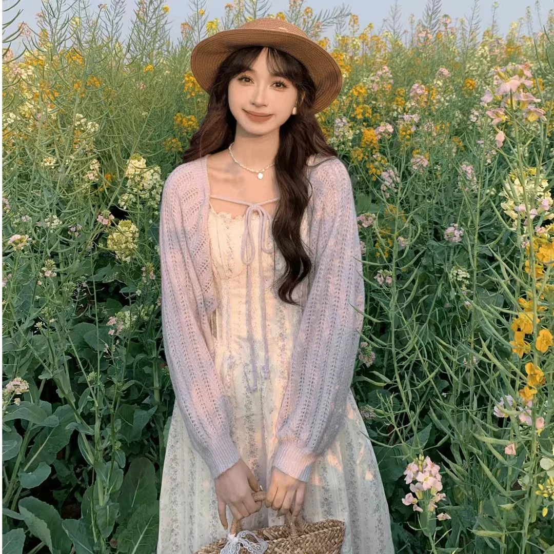 温柔风花边吊带连衣裙2025春季新款修身显瘦外搭针织衫长袖套装女