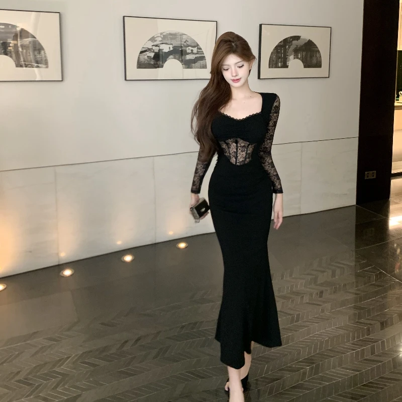法式性感黑色蕾丝长袖连衣裙女秋季新款气质鱼骨设计高级礼服长裙