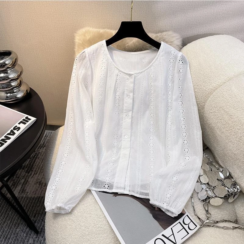 大码法式蕾丝长袖衬衫女新款秋季设计感韩系减龄洋气娃娃衫上衣女
