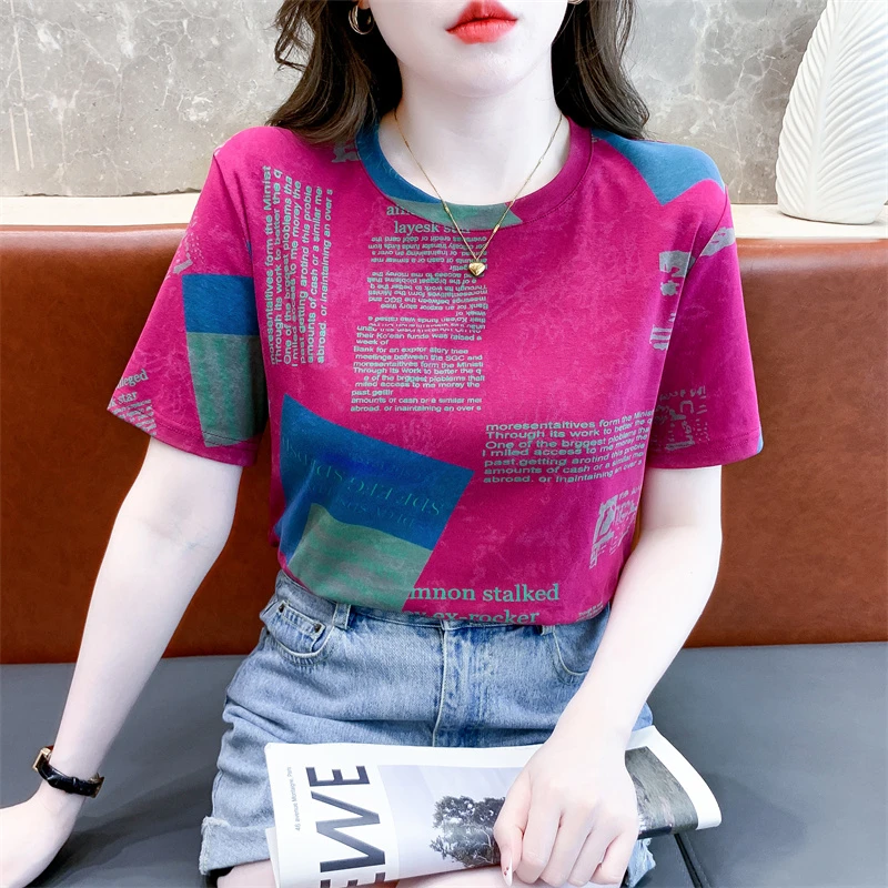纯棉印花短袖T恤女夏季新款宽松休闲百搭设计感小众圆领体恤上衣
