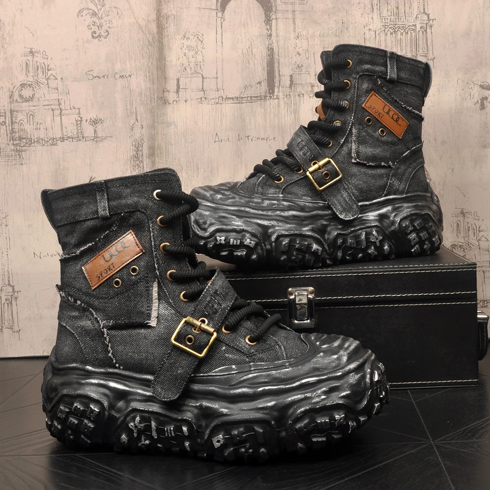 新款牛仔布马丁靴男厚底机车靴小内增高短靴帆布松糕男靴子时尚