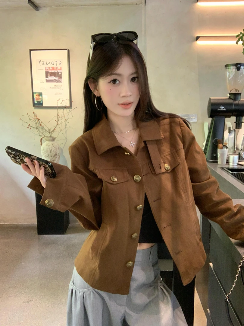 【东京故事】设计摩登翻领蜡感工艺外套翻领长袖百搭工装风夹克
