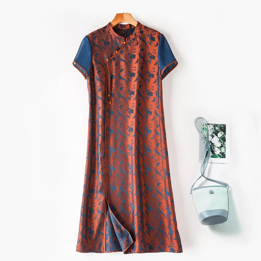 琸娅双色提花缎织锦缎高端女装51%桑蚕丝碎花侧开叉真丝连衣裙