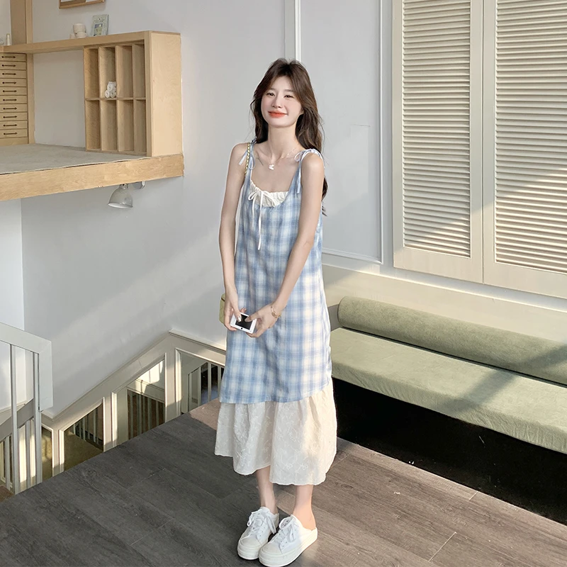 蓝色格子吊带裙女夏季海边度假风连衣裙假两件刺绣A字裙小众裙子