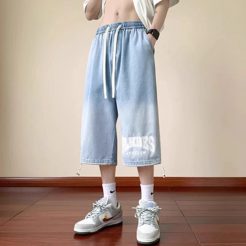 范哲萨夏季冰丝牛仔短裤男宽松直筒七分裤休闲 潮流马裤青少年帅