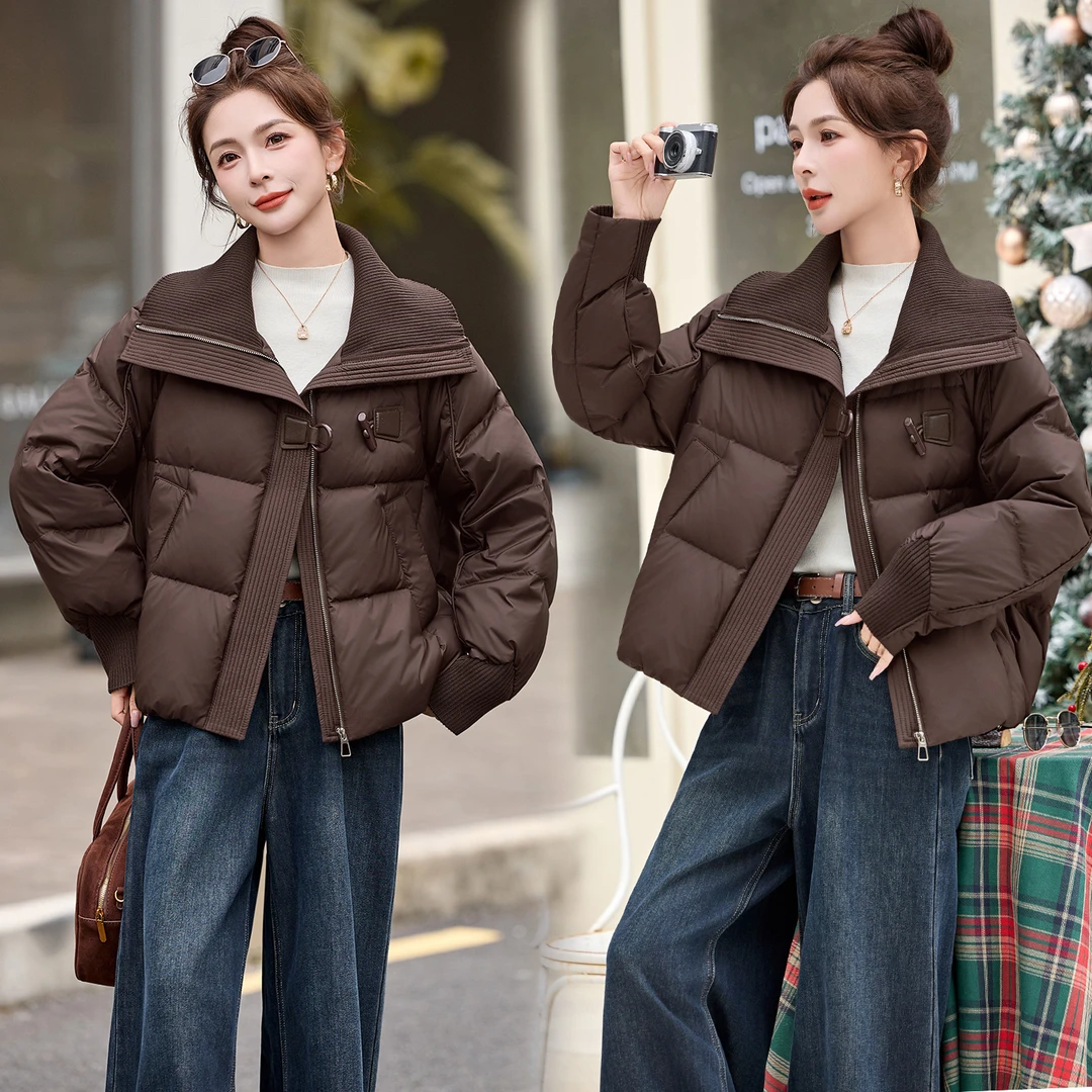 设计感针织拼接翻领短款羽绒服2025冬季新款小个子加厚保暖外套女