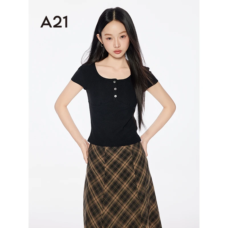 A21女装黑色显瘦短款T恤夏季简约纯色上衣F452231057