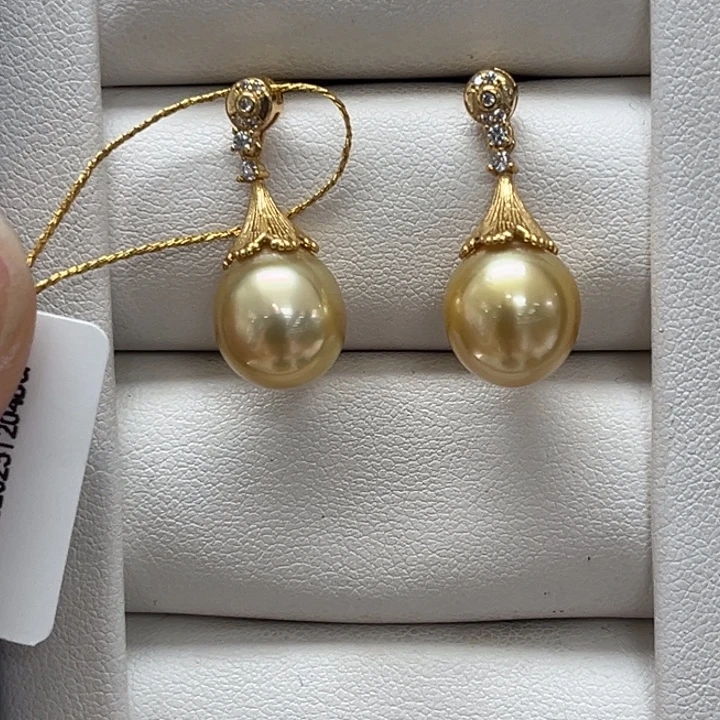 耳饰银S925镶嵌海水珍珠金珠 10-11mm 15号