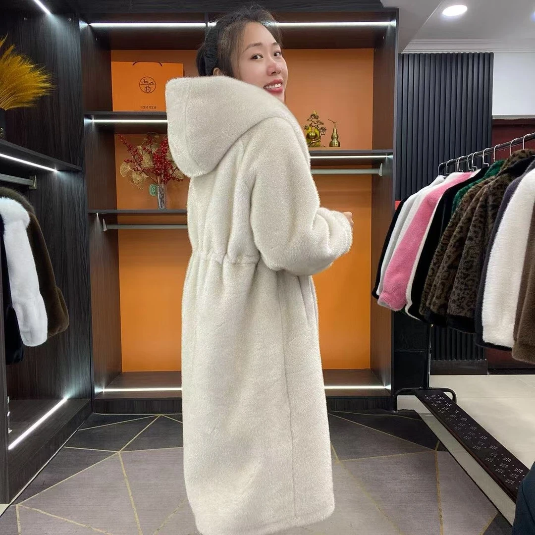 新款连帽貂绒过膝长款大码女款时尚气质宽松中长款带帽冬季外套