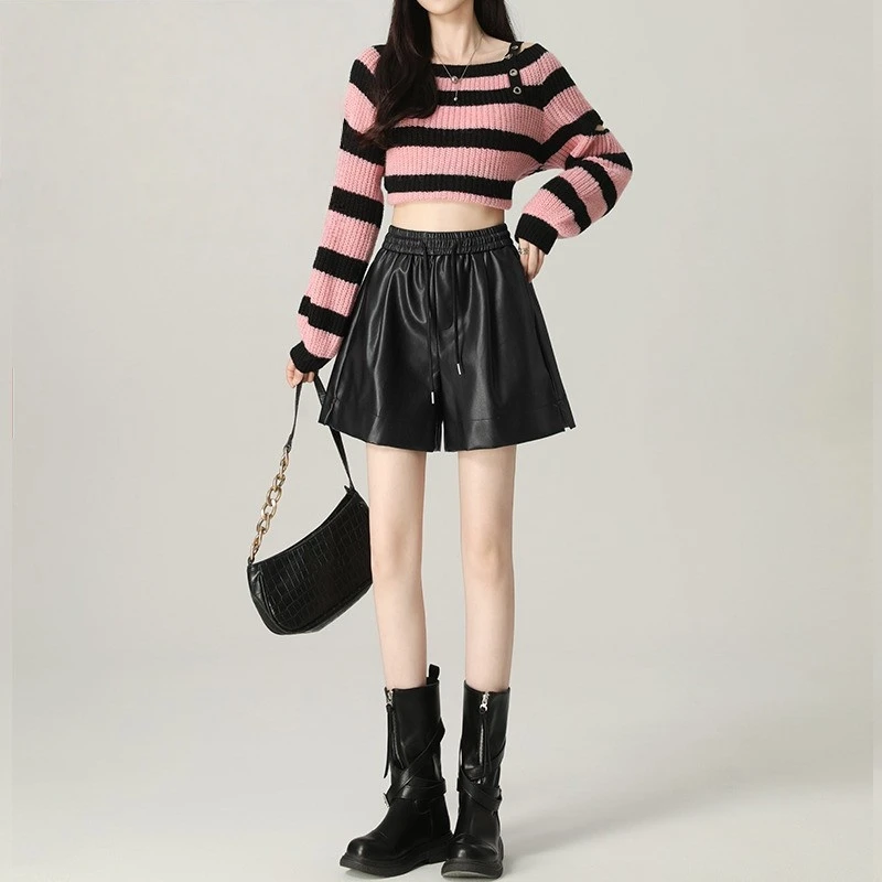 黑色皮短裤女2025新款秋冬外穿高腰宽松显瘦百搭a字阔腿pu皮靴裤