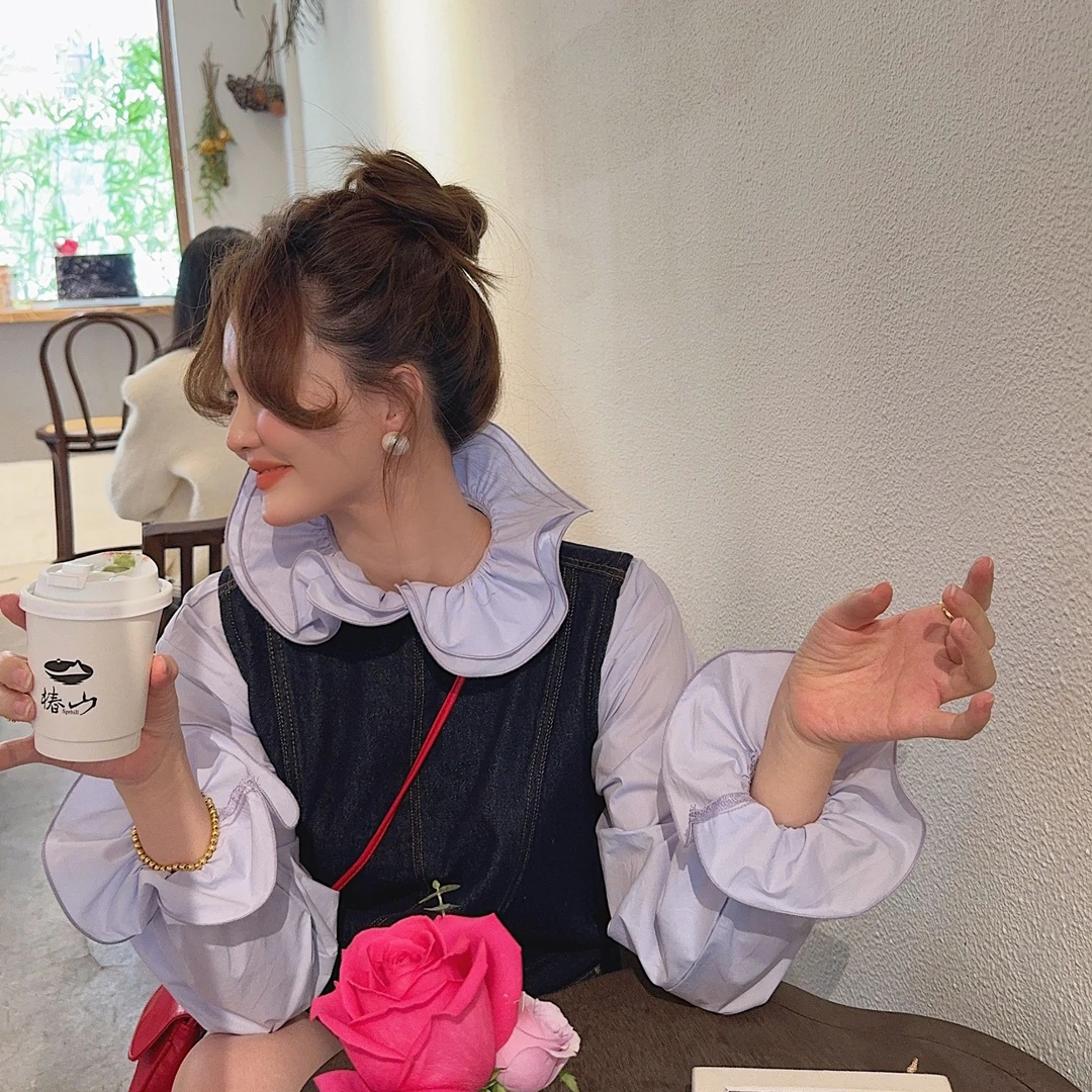 智英欧尼【花朵领衬衫紫色2025年开春春季小众炸街高级感女装喇叭】
