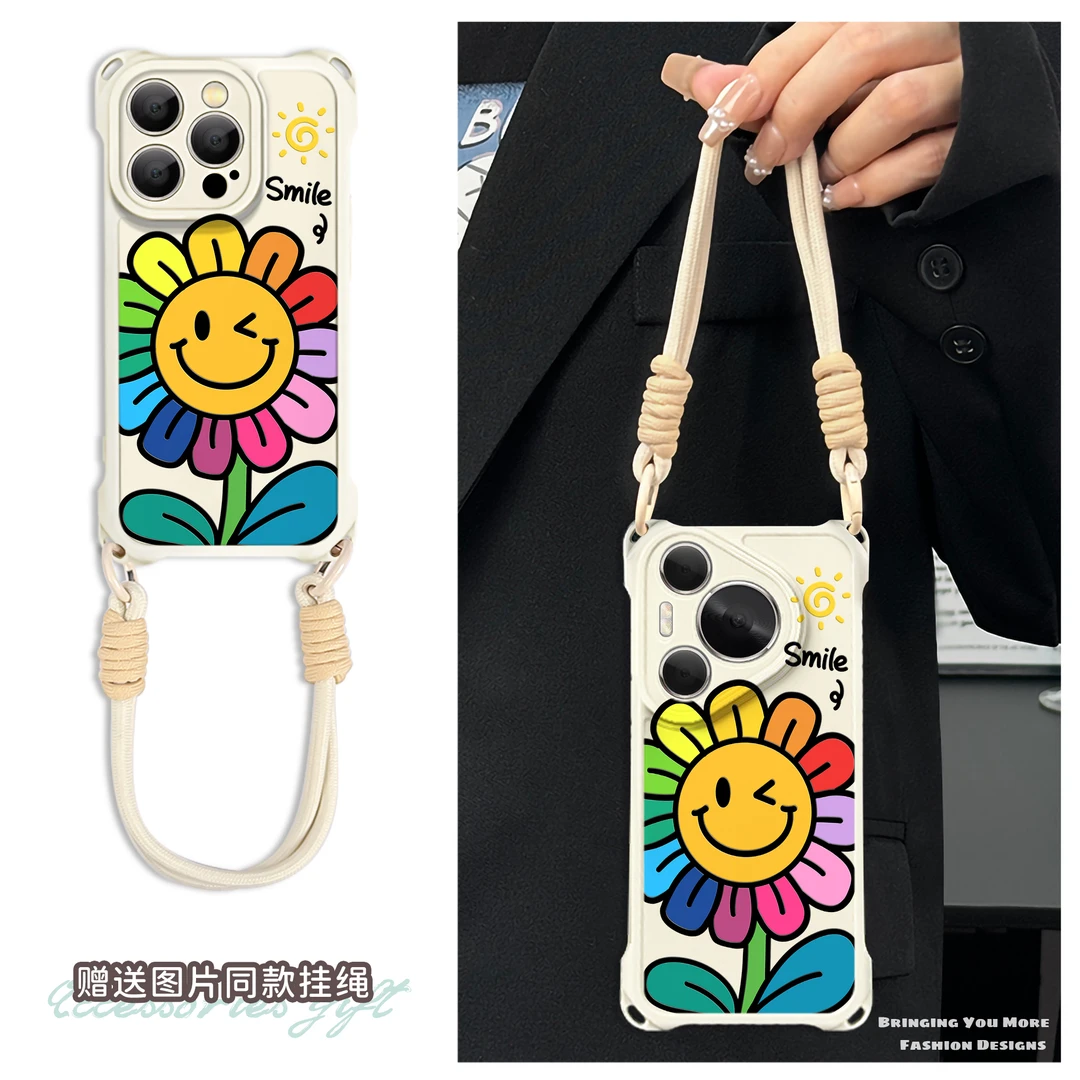 适用于苹果16华为OPPO小米VIVO高级感创意四角挂绳手机壳YA0110