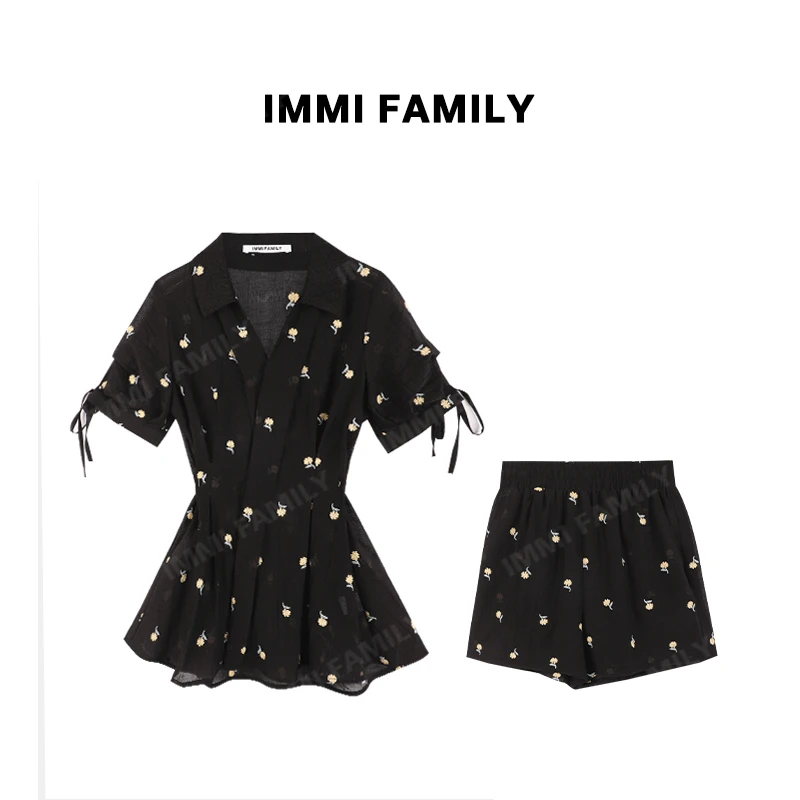 “黑纱雏菊”浪漫氛围感刺绣气质上衣高腰短裤时尚套装