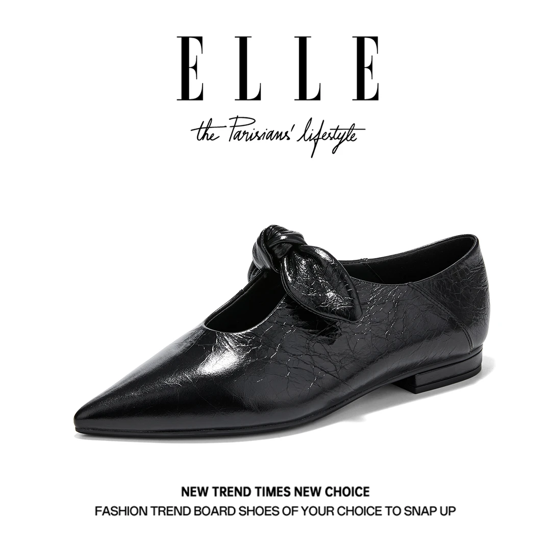 ELLE超软羊皮舒适低跟单鞋时尚系带小众ins尖头蝴蝶结玛丽珍女鞋