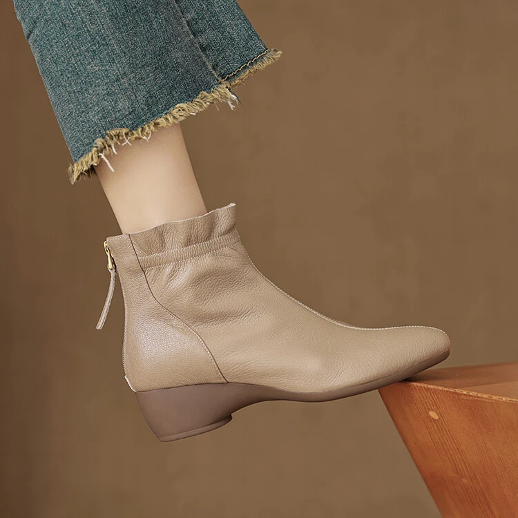 软羊皮~4.5cm秋冬新款坡跟短靴女厚底真皮复古短筒瘦瘦靴百搭裸靴