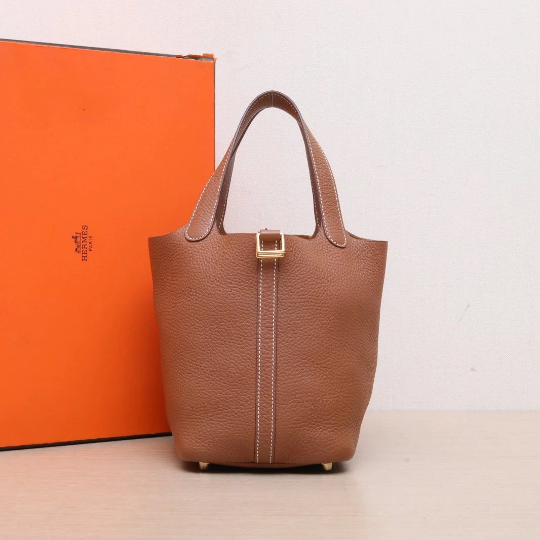 99新 Hermes/爱马仕 小花柳 18 菜篮子 金棕色 TC皮 Y刻 金扣