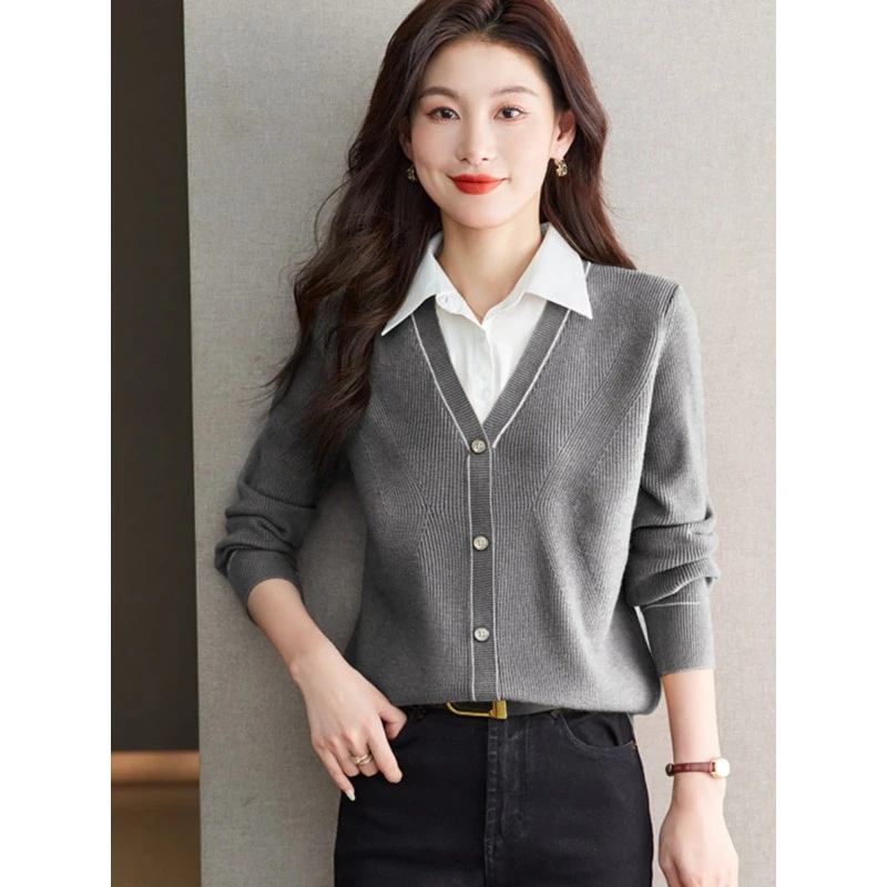 新款春秋冬假两件针织毛衣女洋气遮肚子套头翻领上衣衬衫领打底衫