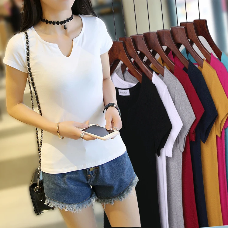 短袖上衣女韩版紧身纯色打底衫女简约夏季新款短袖t恤女潮