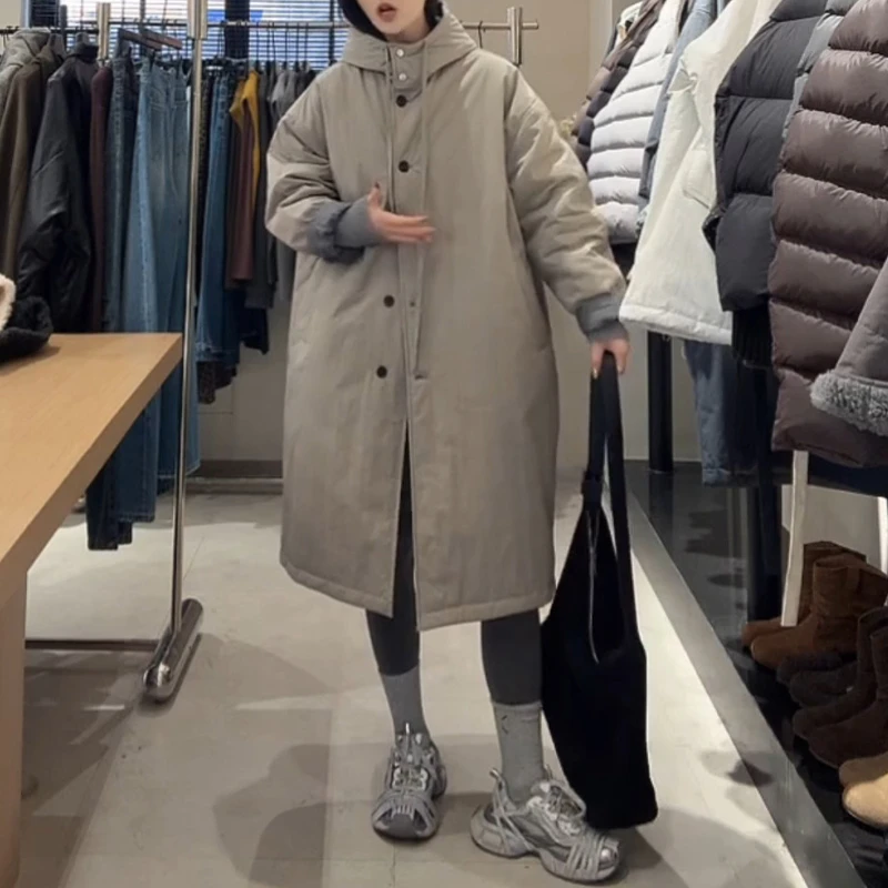 2025冬季新款韩系简约百搭气质显瘦连帽宽松中长款保暖棉服外套女