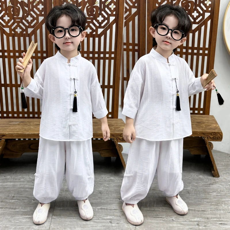 汉服男童夏新中式中国风长袖套装儿童小众薄礼服宝宝古装防晒唐装