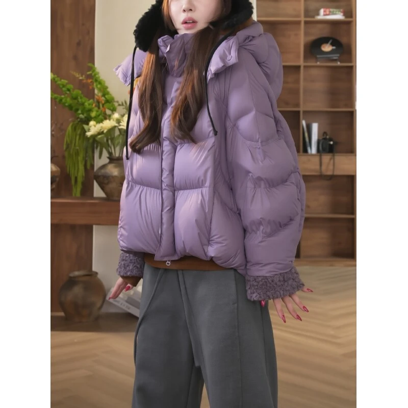 2025年冬季新款大码女装胖MM紫色时尚休闲百搭保暖连帽长袖棉服女