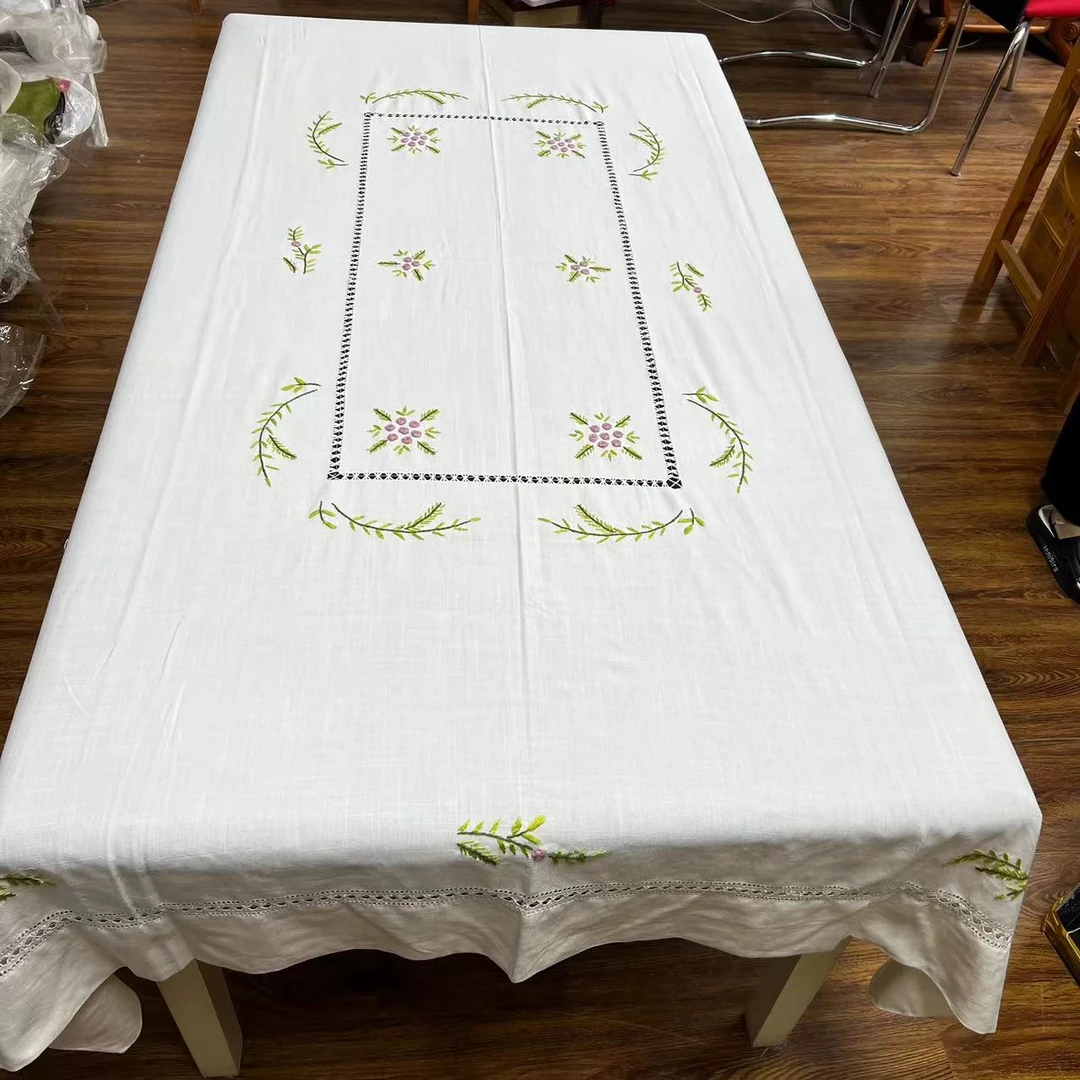 JX471 竹节麻(150*210cm)彩色手工刺绣抽丝桌布