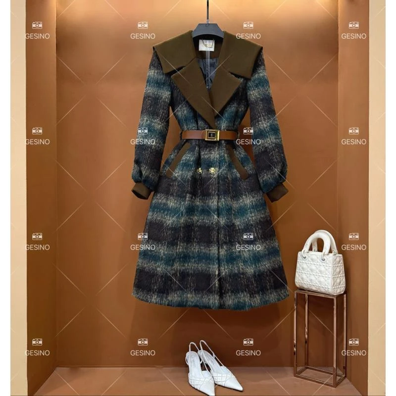 【闵闵】秋冬气质小香风法式时尚百搭翻领羽绒服毛呢格子QD-2024836