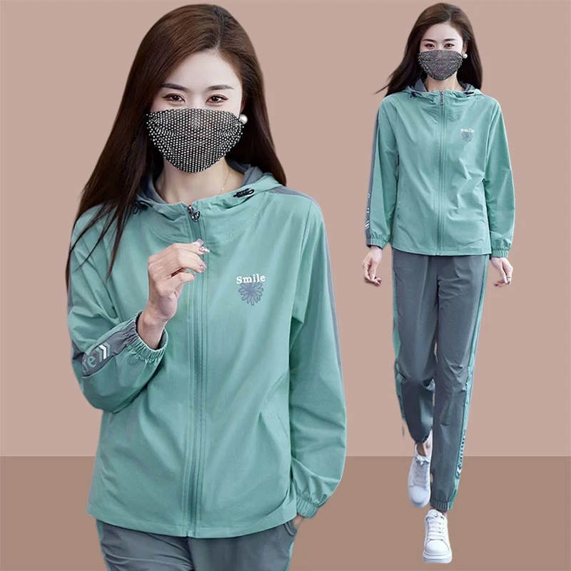 跑步运动服套装女2025新款春秋休闲时尚小个子连帽气质外套两件套