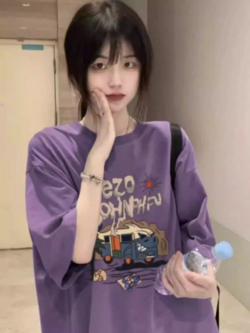 胖mm300斤紫色短袖t恤女2025新款夏季宽松oversize设计感小众上衣