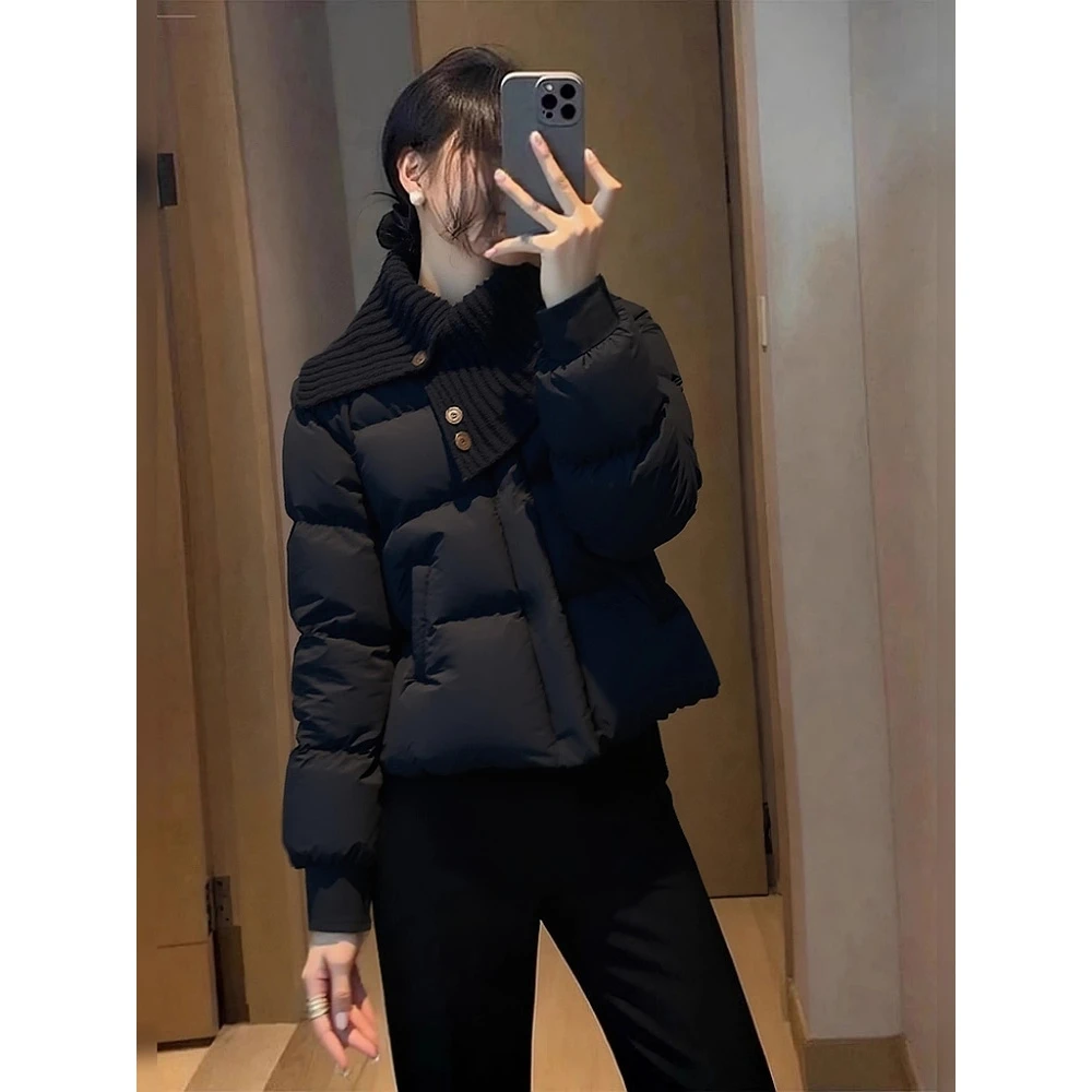 2025新款冬季超火针织大翻领拼接黑色保暖短款夹棉服厚外套羽绒服