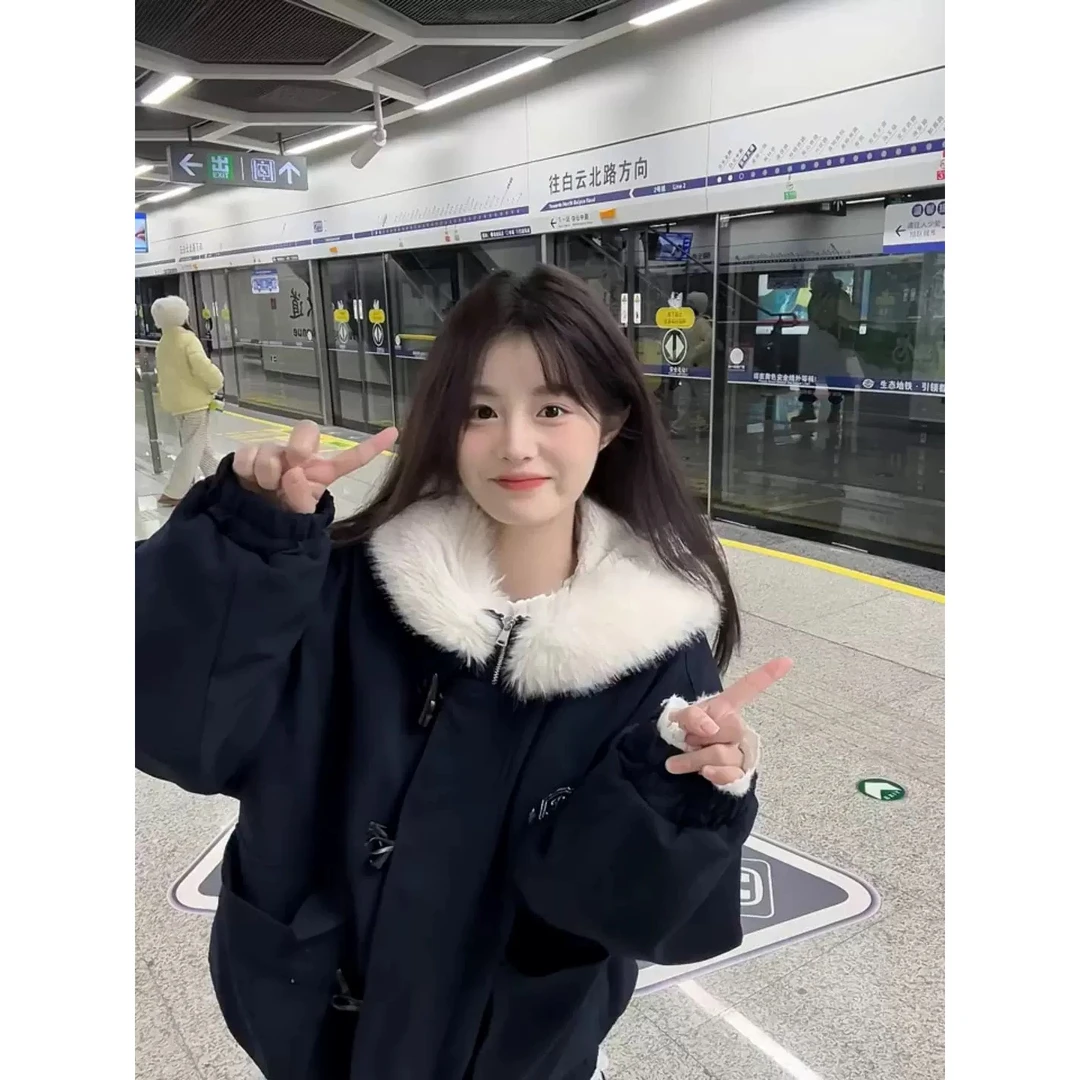 藏青色连帽毛领棉服女秋冬季加厚超好看学院风设计感小众棉袄外套