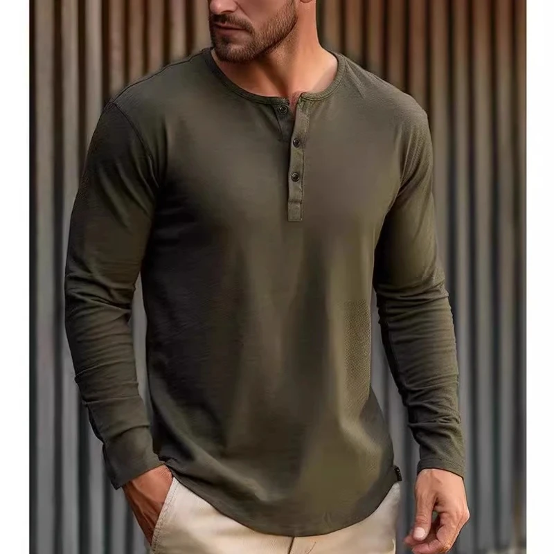 2025款特大码亨利领半纽扣长袖T恤男女初秋纯色百搭休闲打底上衣