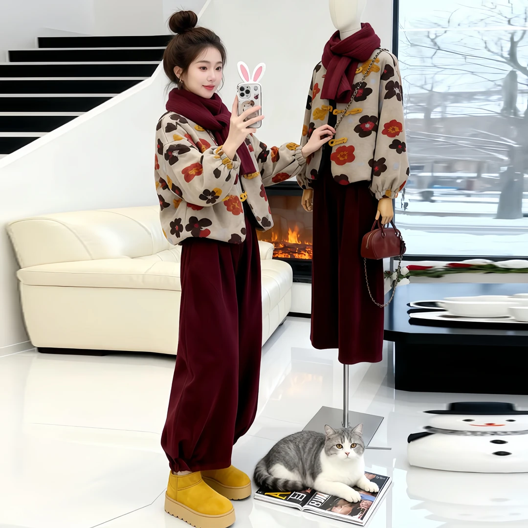 2025秋季新款百搭宽松小花外套阔腿直筒长裤时尚套装女