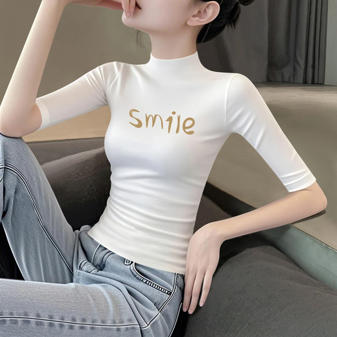 白色莫代尔冰丝中袖打底衫t恤女秋修身显瘦半高领印花洋气五分袖