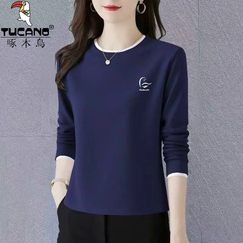 啄木鸟纯棉秋冬内搭中年新款韩版长袖t恤女士打底衫洋气正肩上衣