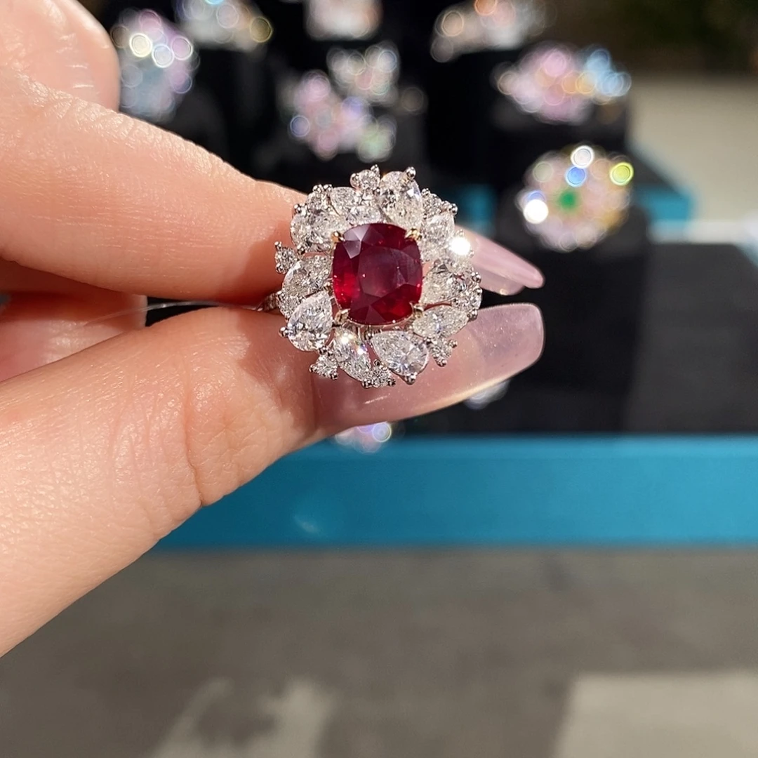 红宝石戒指18K金镶嵌2.22ct无烧鸽血红aigs两用款