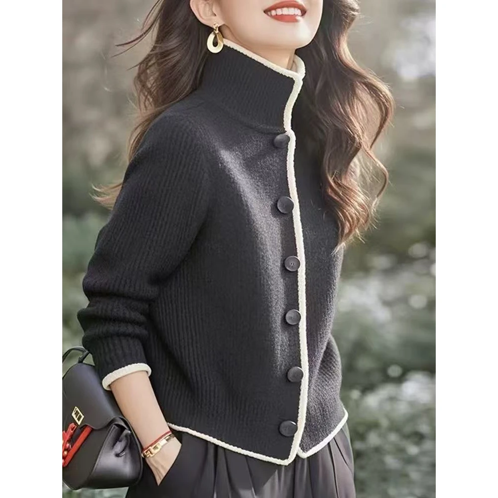 秋冬撞色设计感单排扣针织开衫软糯舒适气质减龄外套上衣