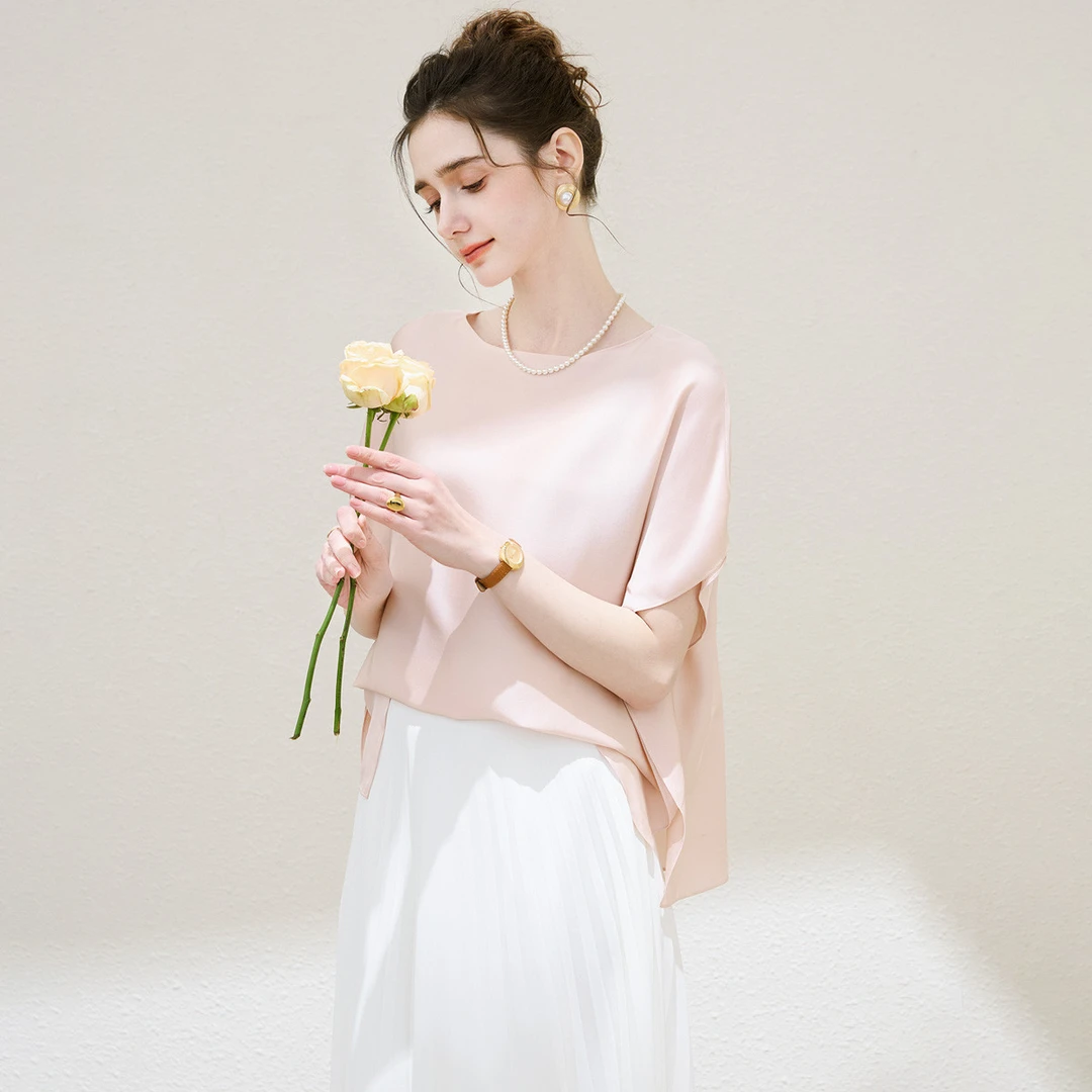 TUHUANG/兔皇桑蚕丝纸片人显瘦2025夏季蝙蝠袖短袖小衫女TW021420