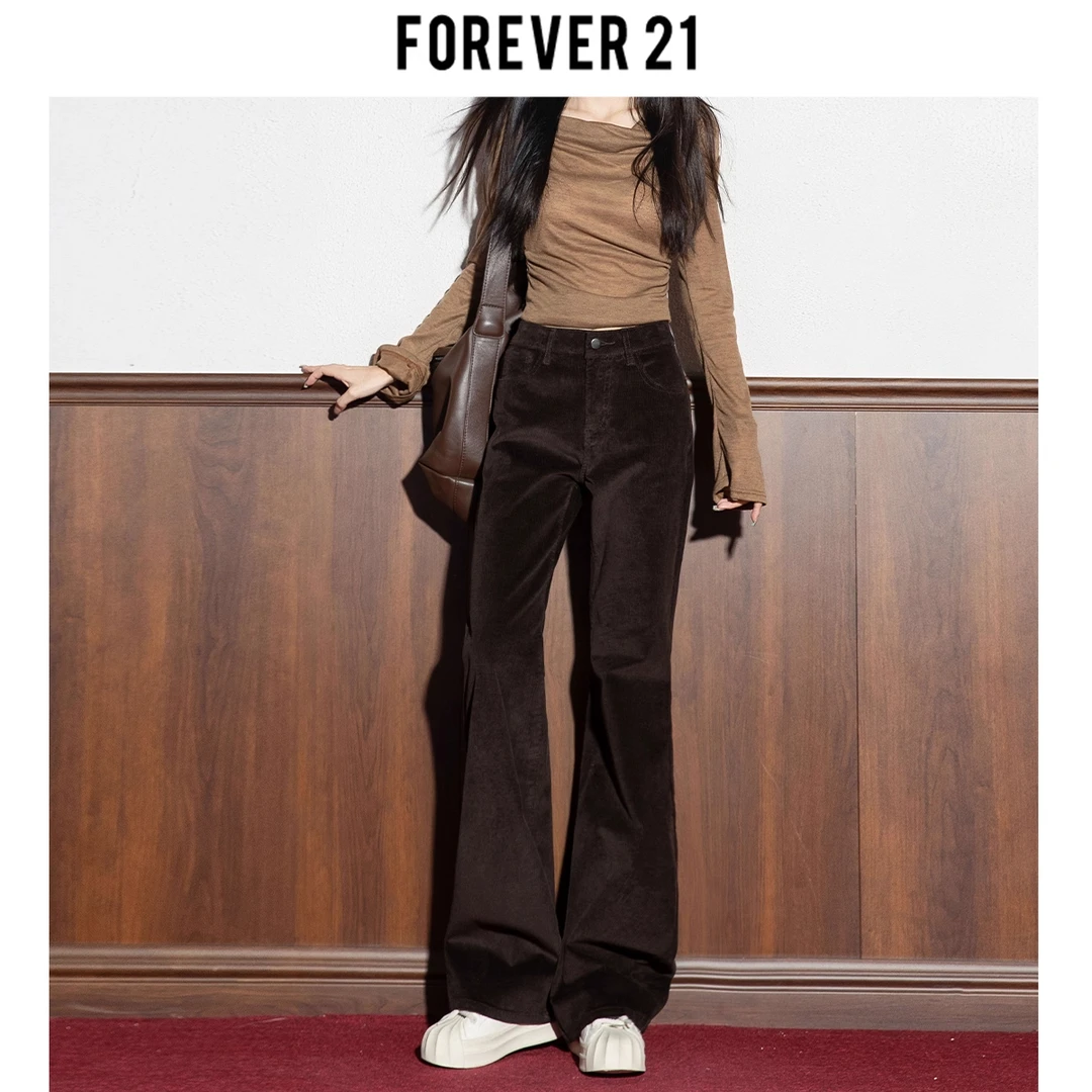 Forever 21秋冬加绒新款灯芯绒休闲裤女美拉德修身百搭微喇叭长裤