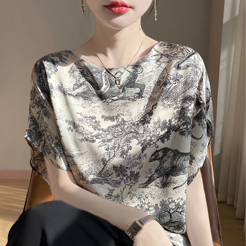 时尚印花夏季短袖t恤女宽松洋气慵懒缎面上衣国风新中式圆领衬衫