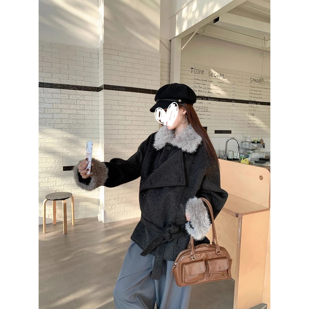 韩系高级感气质灰色毛绒拼接加厚外套女冬季新款百搭显瘦毛呢大衣