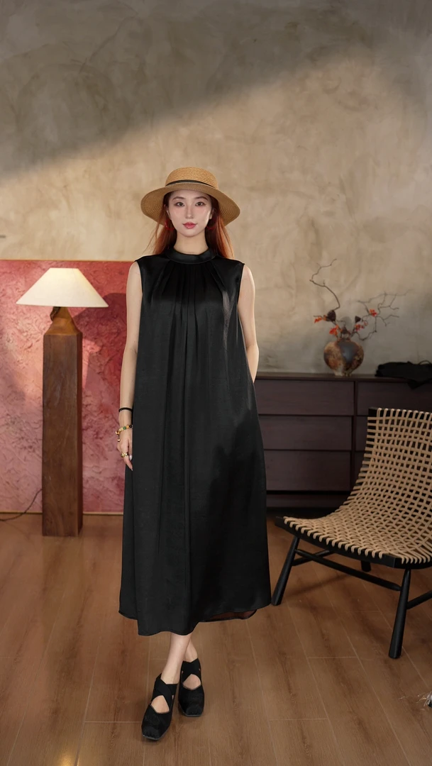 【菡风】桑蚕丝香云纱夏季气质女人显瘦时尚黑色设计师连衣裙